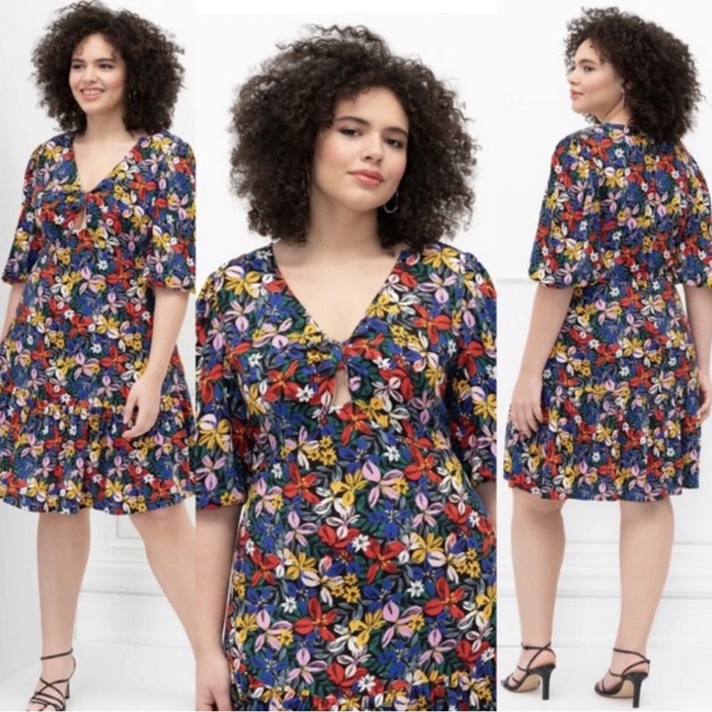 Eloquii Navy Floral Tie-Front Midi Dress